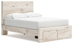 Panel bed with storage, white mattress, light wood front with open drawer compartment