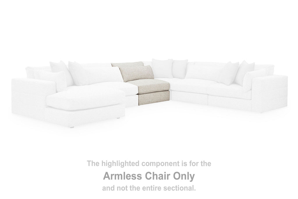 Highlighted armless chair section in light upholstery, part of a modular sectional