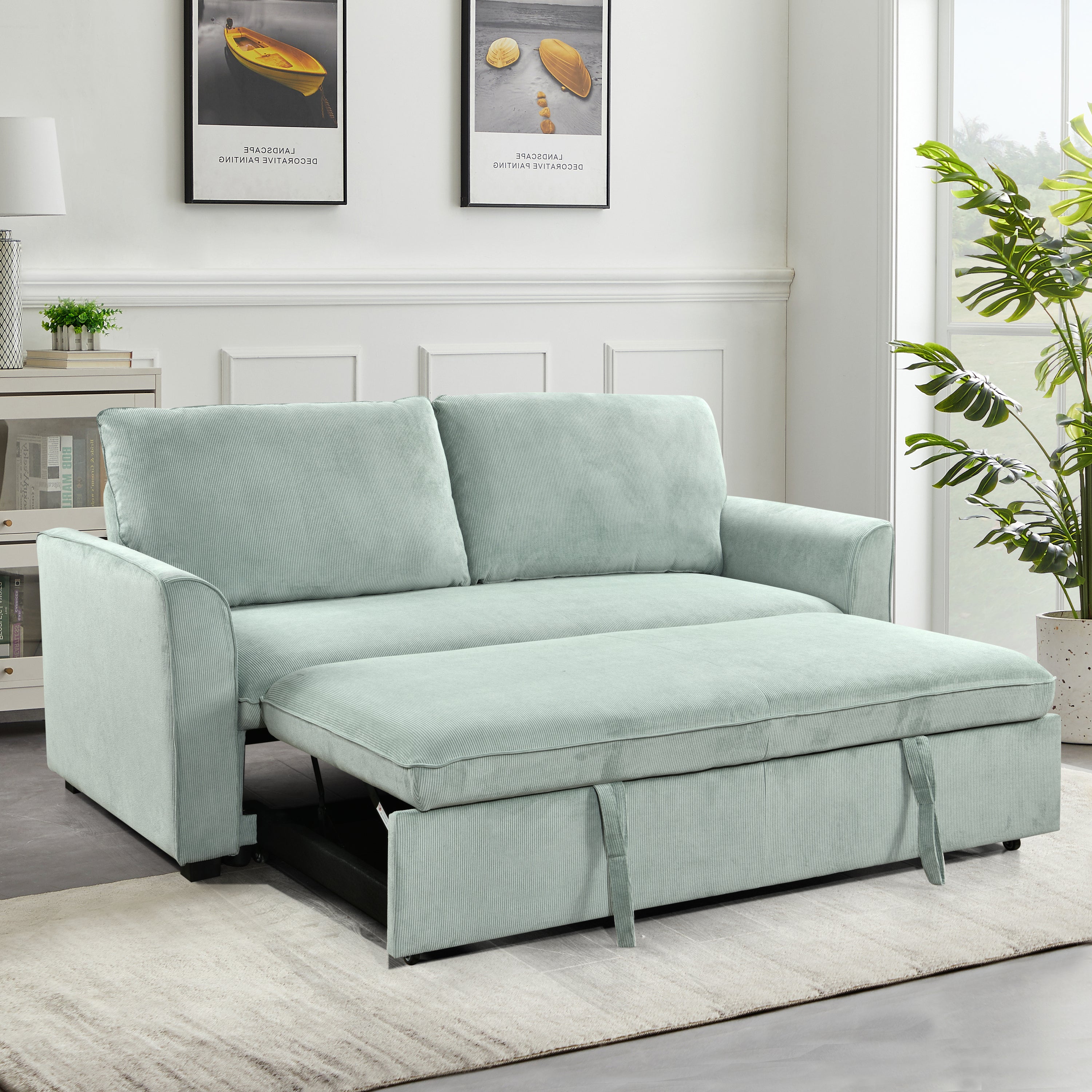 78" Convertible Sofa Bed, Loveseat Futon w/ Pullout Bed, Light Green