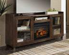 Dark brown TV stand with glass-front electric fireplace and media storage behind cabinet doors