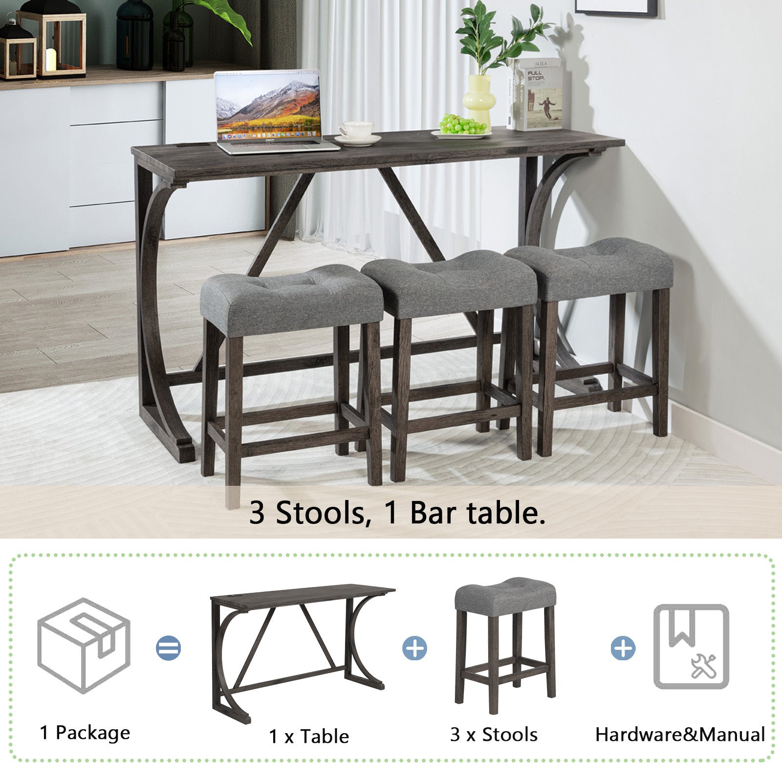 4-Piece Bar Table Set w/ Power Outlet & Stools