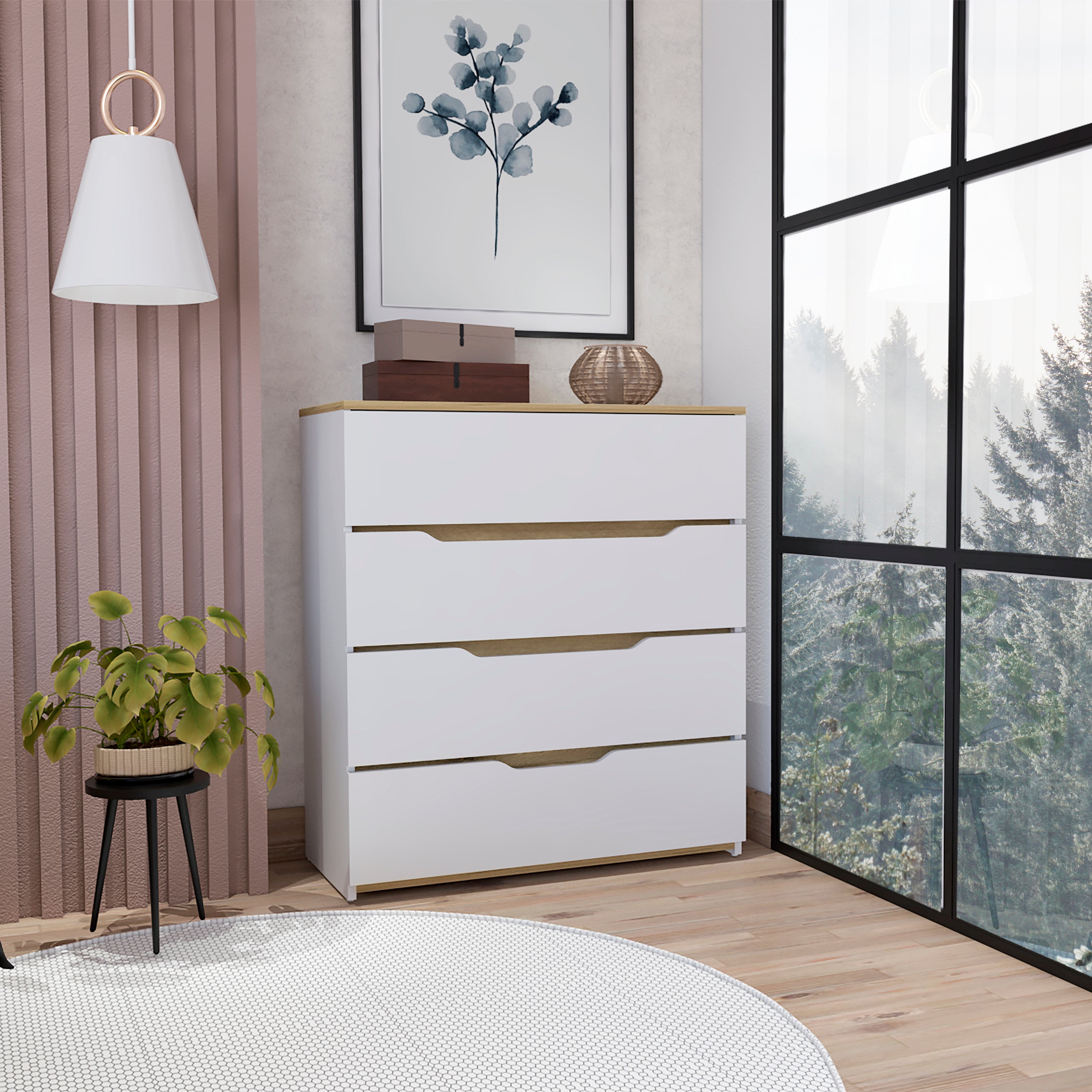 Zoe Dresser: Superior Top, 4-Drawer Chest - White & Light Oak Finish