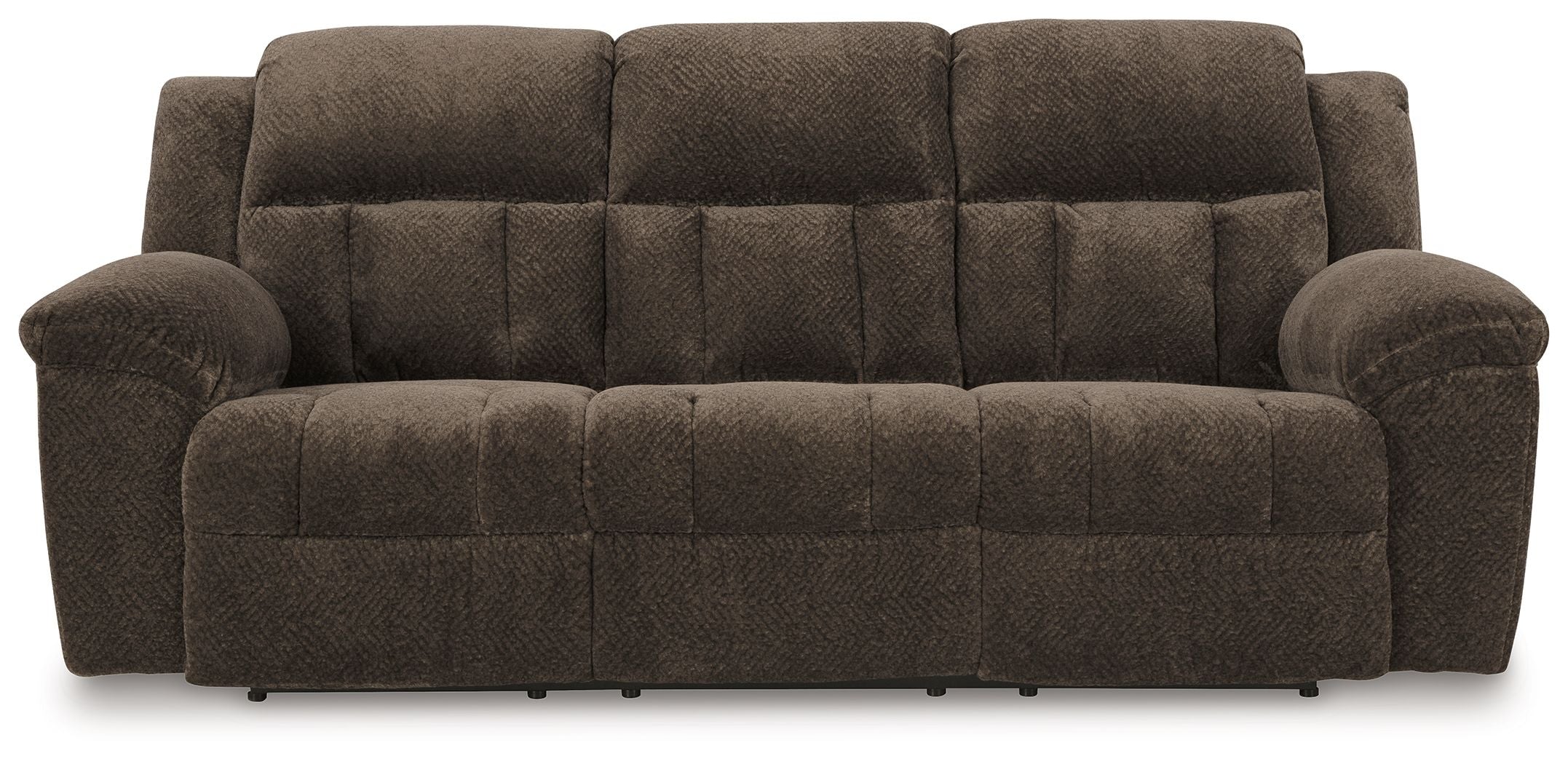 Chocolate brown reclining sofa with tufted seat and back, padded arms, and angled cushions