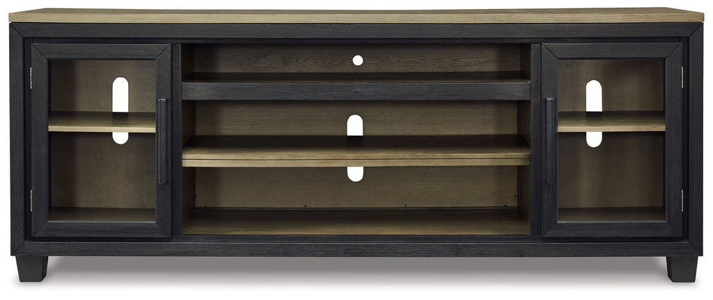 Black TV stand with two cabinet doors, open center shelves, and adjustable interior storage