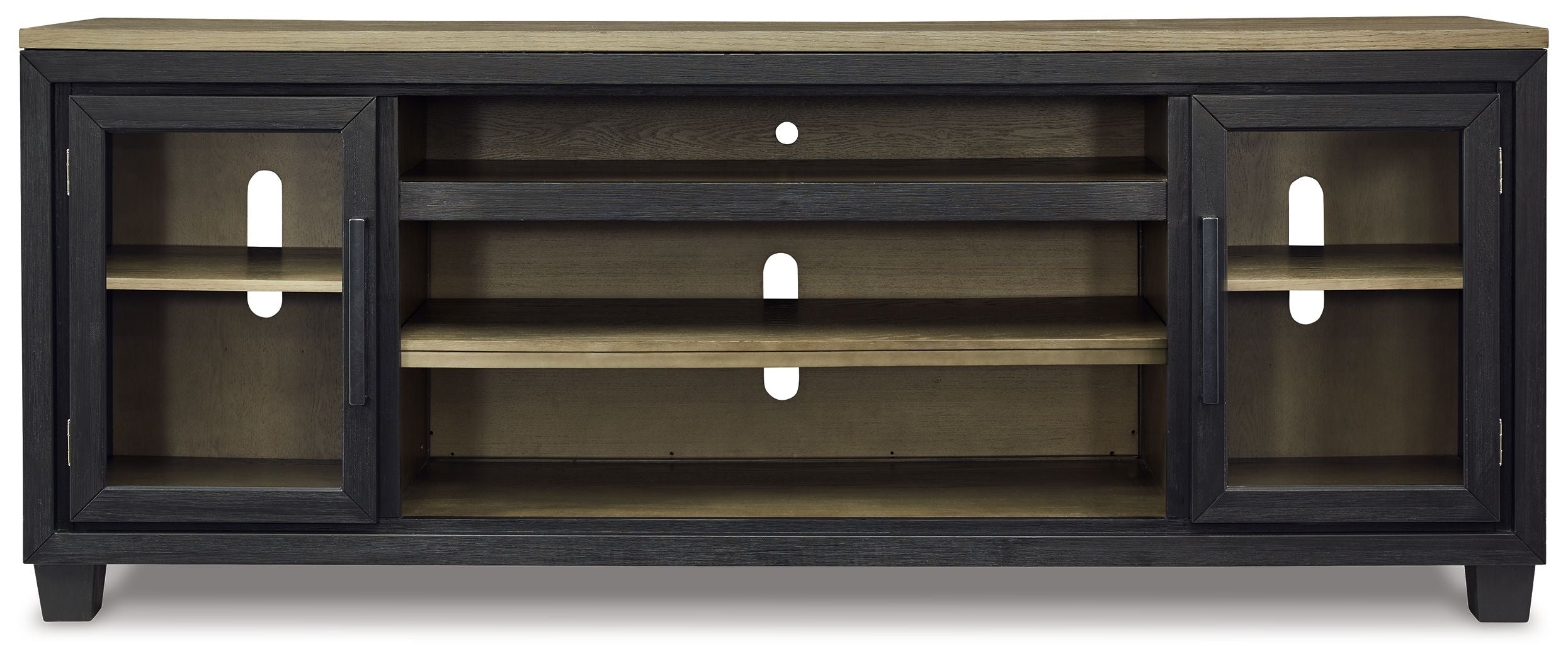 Black TV stand with two cabinet doors, open center shelves, and adjustable interior storage