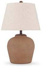 Scantor metal table lamp with rust ceramic base and off-white fabric shade