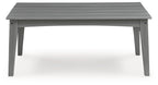 Gray rectangular cocktail table with slatted top and tapered legs