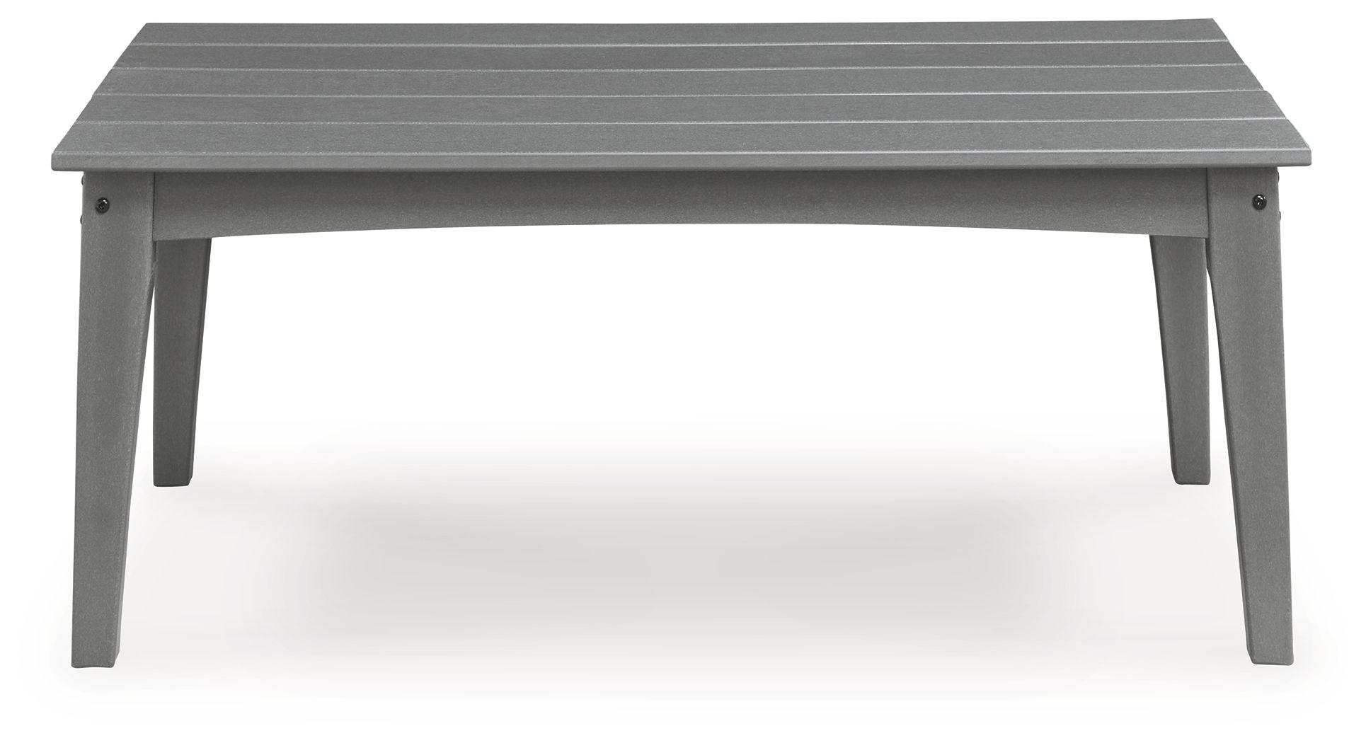 Gray rectangular cocktail table with slatted top and tapered legs