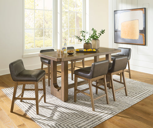 Dining table set with light brown rectangular counter table and four dark gray chairs