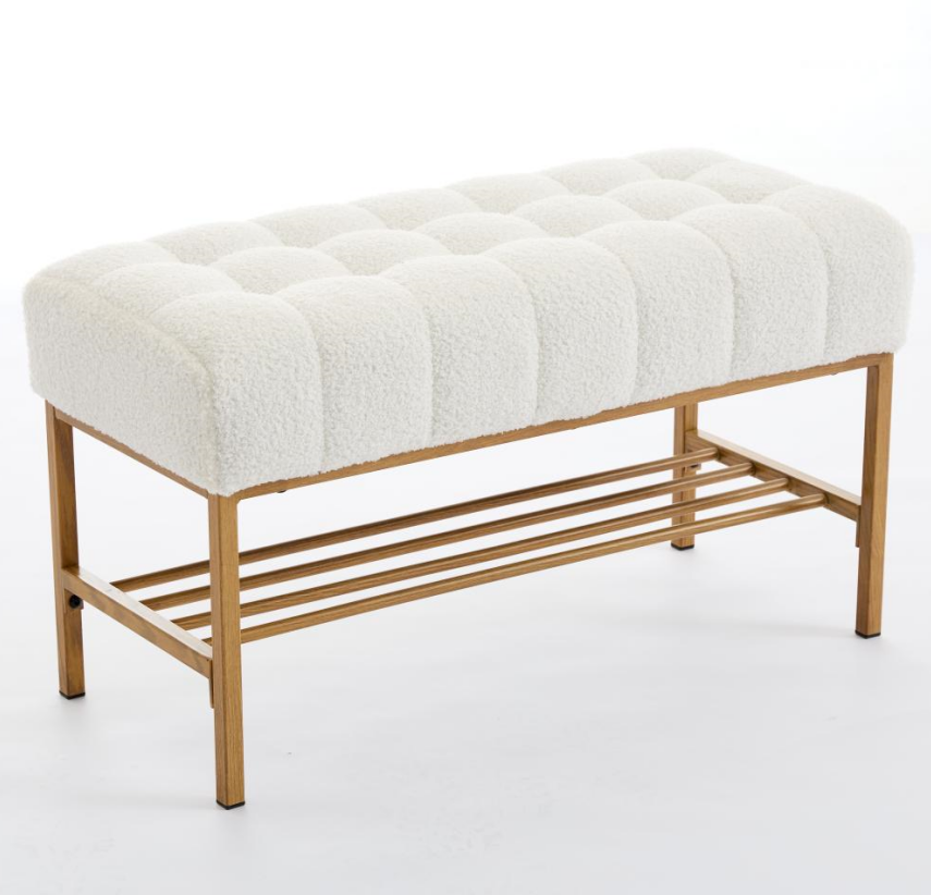 Upholstered Storage Bench with Shelf - Linen White