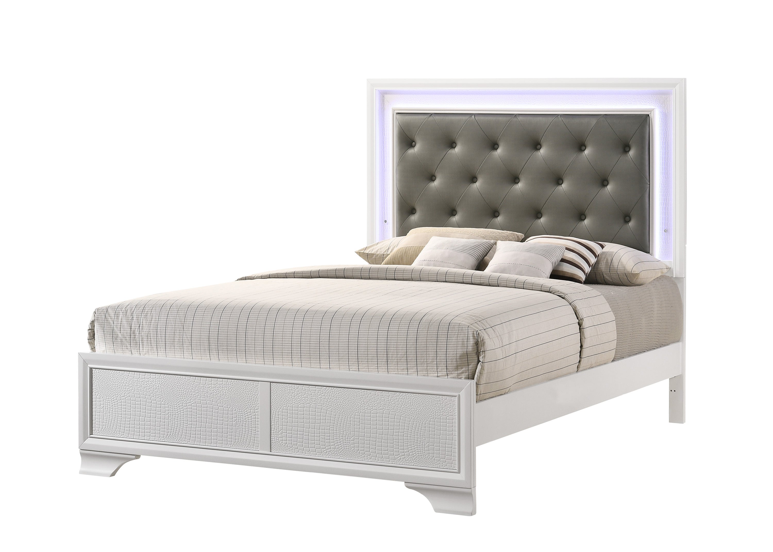 Modern White Crocodile Queen LED Panel Bed - Faux Diamond Tufted