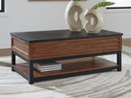 Lift-top cocktail table with dark top, warm brown wood drawers, black base, lower shelf.