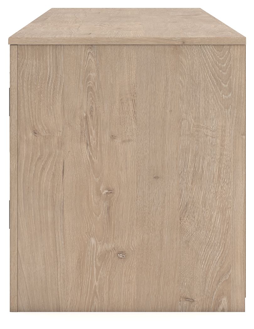 Light wood TV stand with flat top and vertical-grain finish