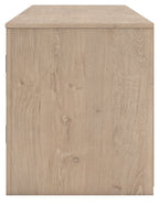 Light wood TV stand with flat top and vertical-grain finish