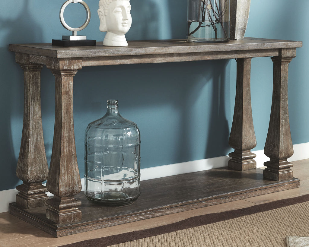 Gray sofa table with lower shelf and turned legs, rectangular top
