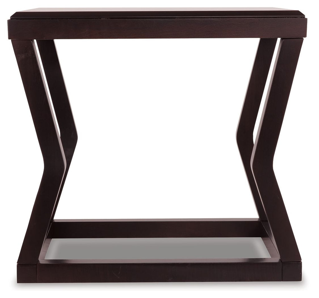 Espresso rectangular end table with dark wood legs and lower shelf, open frame