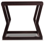 Espresso rectangular end table with dark wood legs and lower shelf, open frame