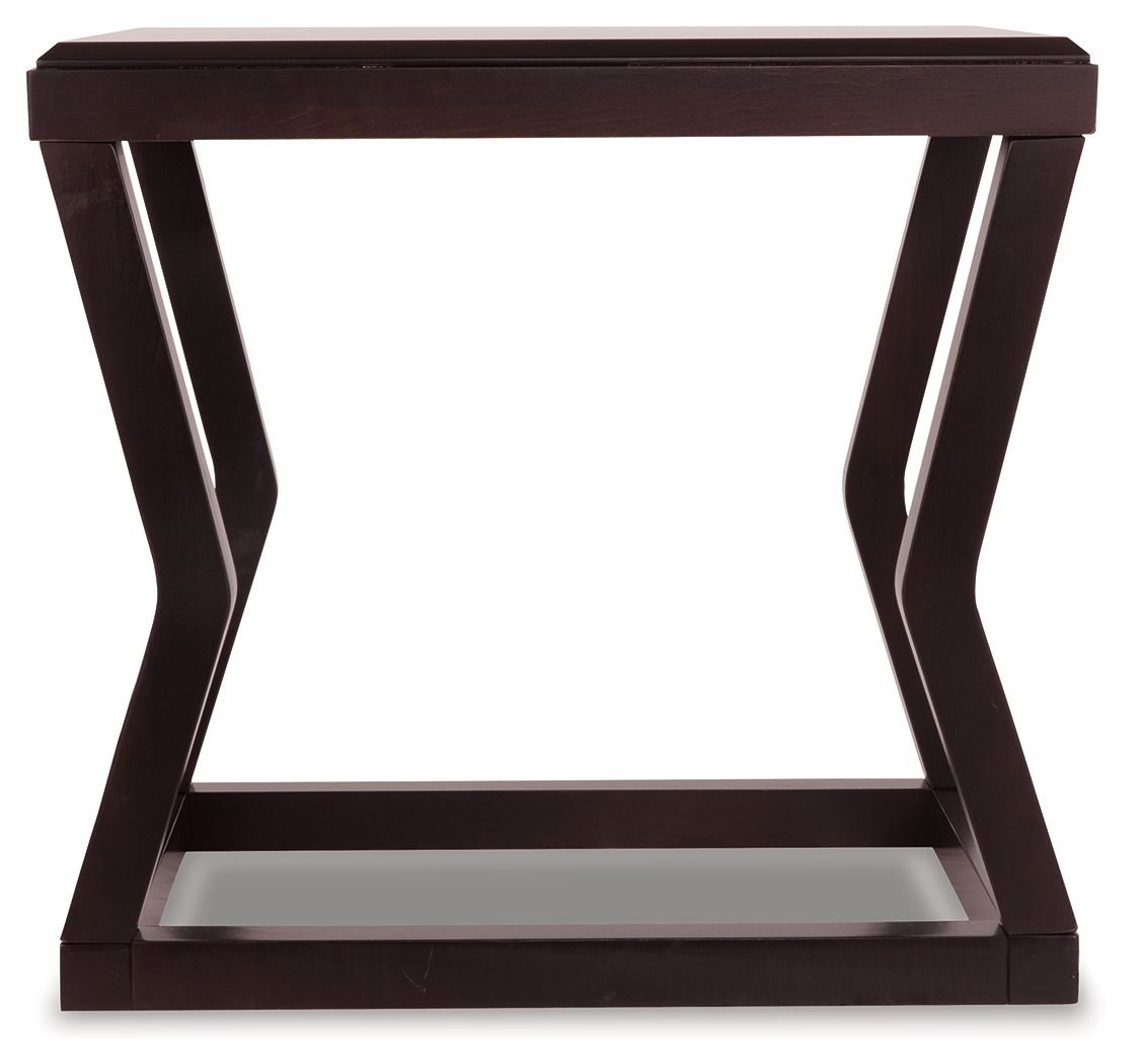Espresso rectangular end table with dark wood legs and lower shelf, open frame