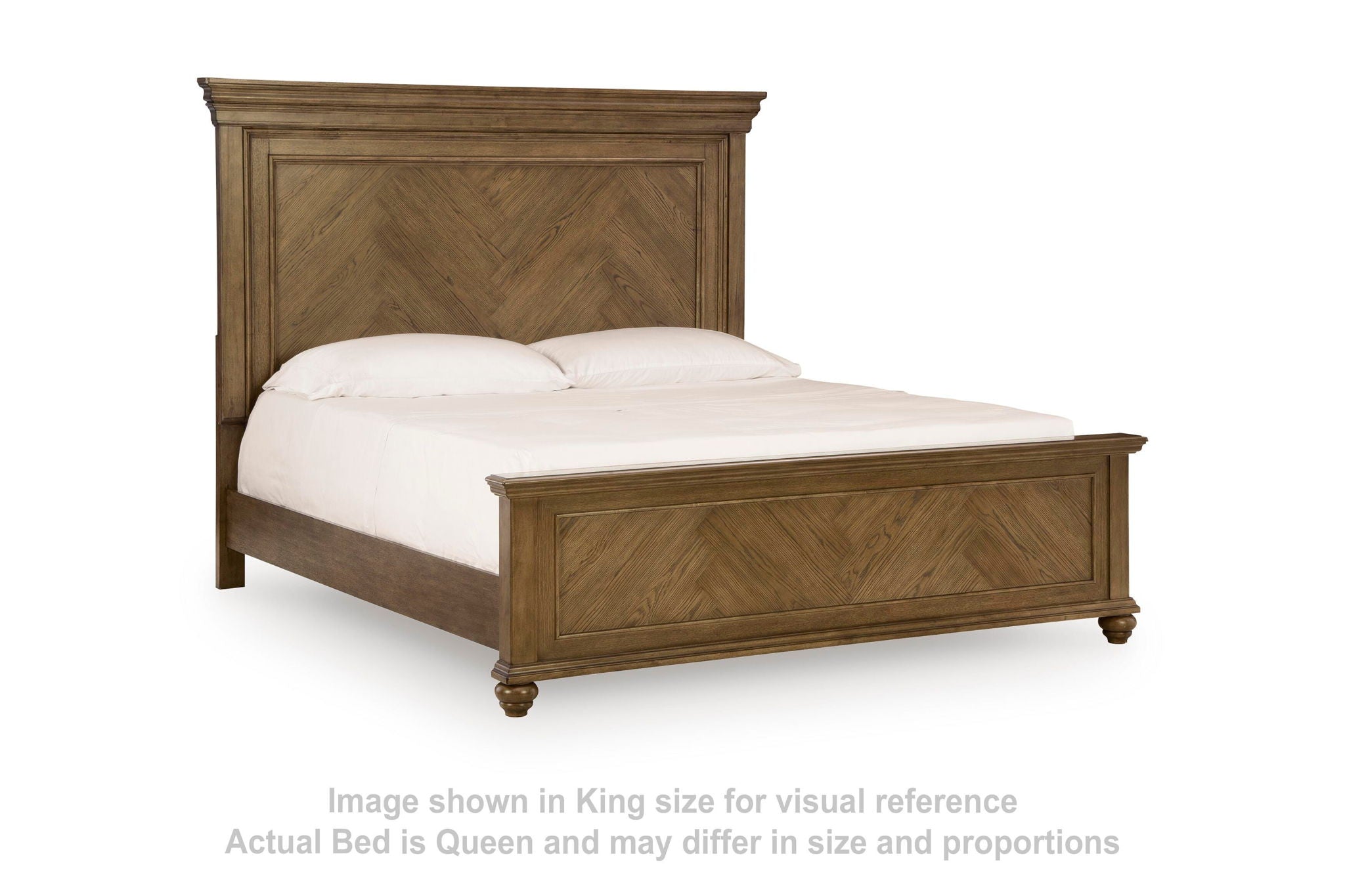 Dark brown panel bed frame with paneled headboard and white mattress