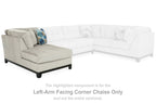 Left-arm facing corner chaise in stone fabric with geometric pillow and dark legs