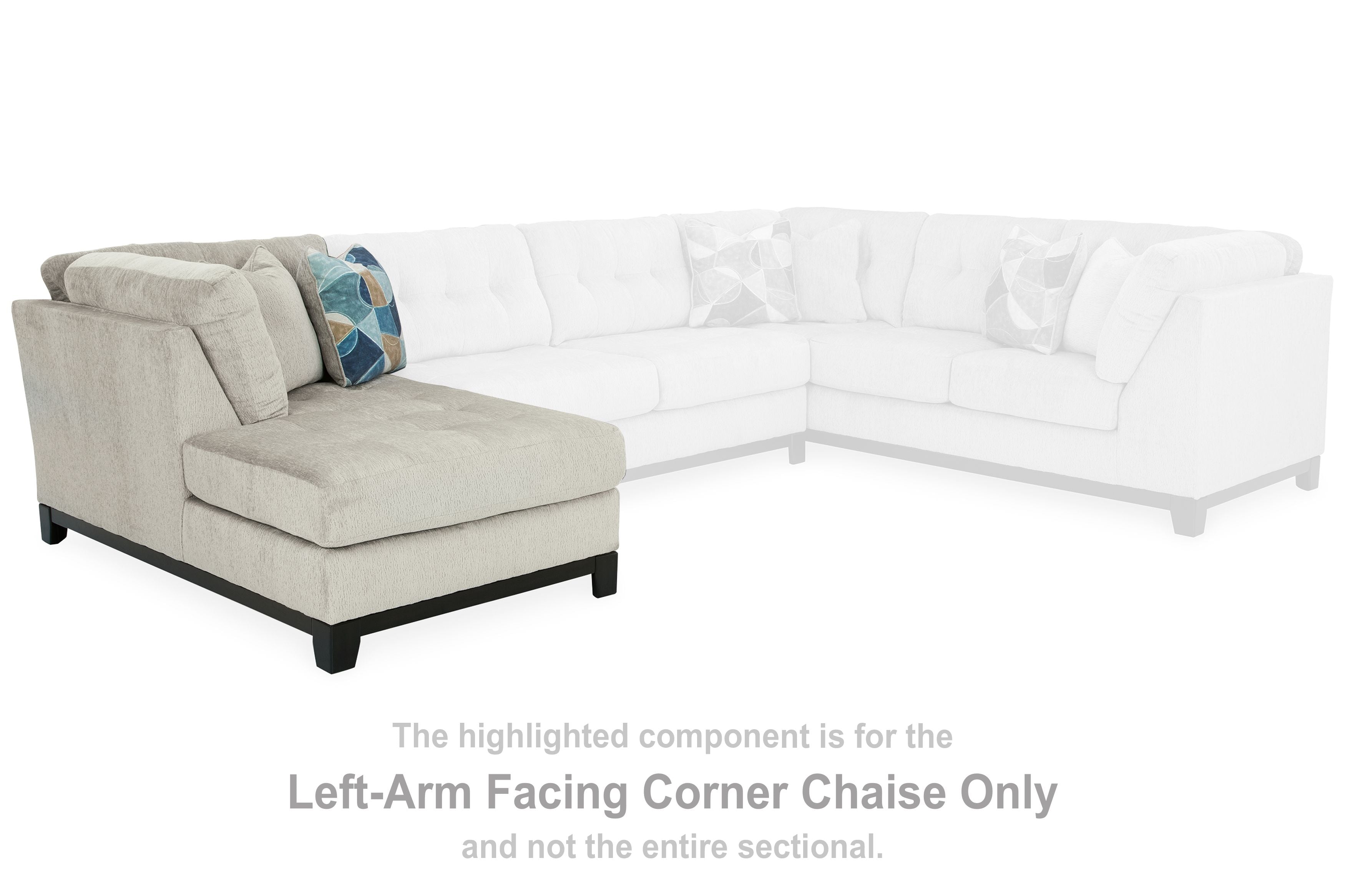 Left-arm facing corner chaise in stone fabric with geometric pillow and dark legs