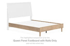 Queen panel footboard with rails, tan wood frame and white panel