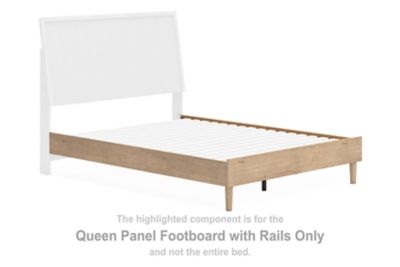 Queen panel footboard with rails, tan wood frame and white panel