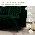 Green corduroy sectional sofa cover with care icons for seat and back cushions