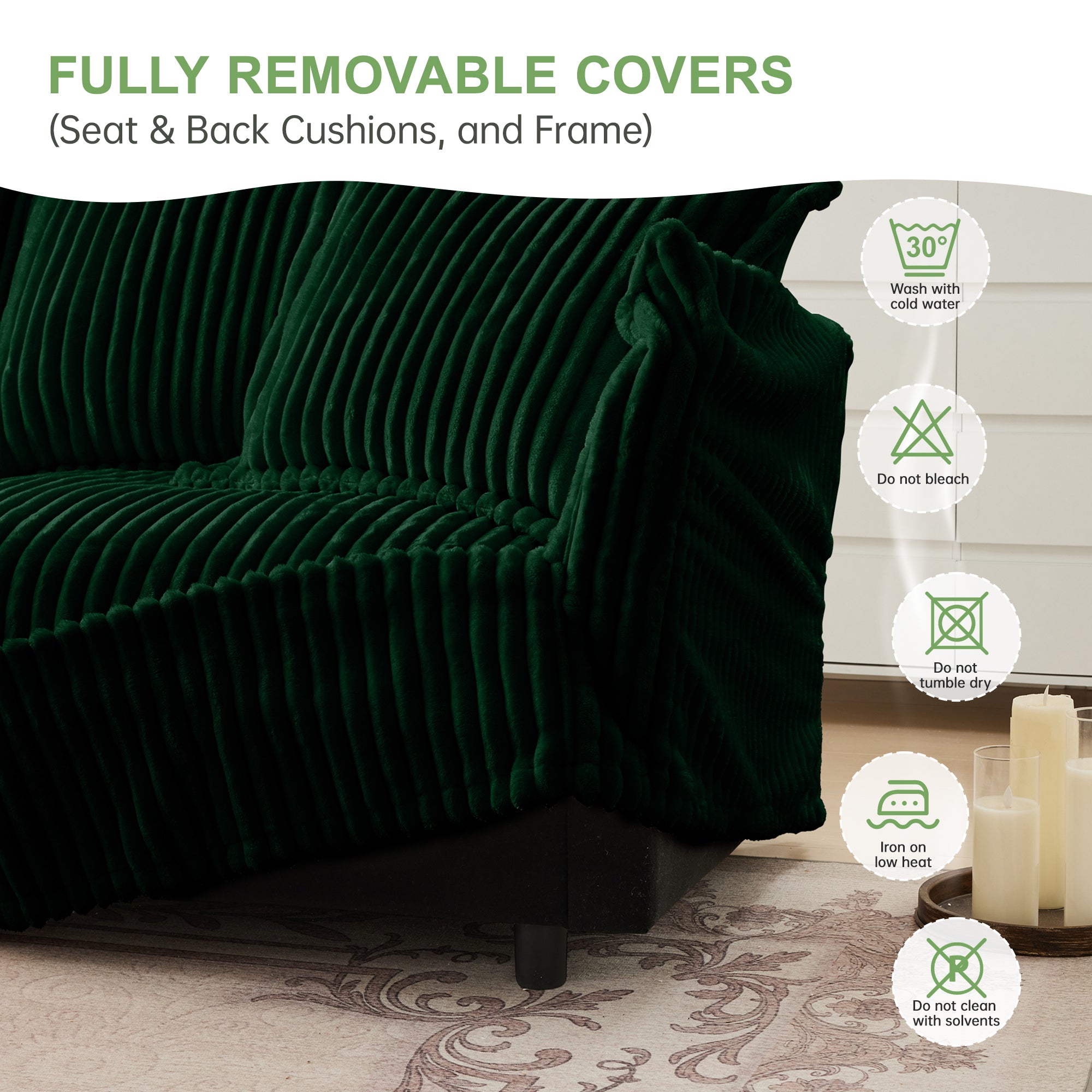 Green corduroy sectional sofa cover with care icons for seat and back cushions