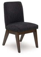 Upholstered dining side chair with dark fabric seat and back, dark brown wooden legs