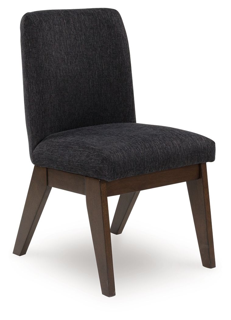Upholstered dining side chair with dark fabric seat and back, dark brown wooden legs