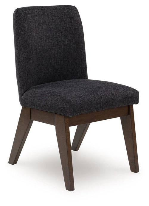 Upholstered dining side chair with dark fabric seat and back, dark brown wooden legs