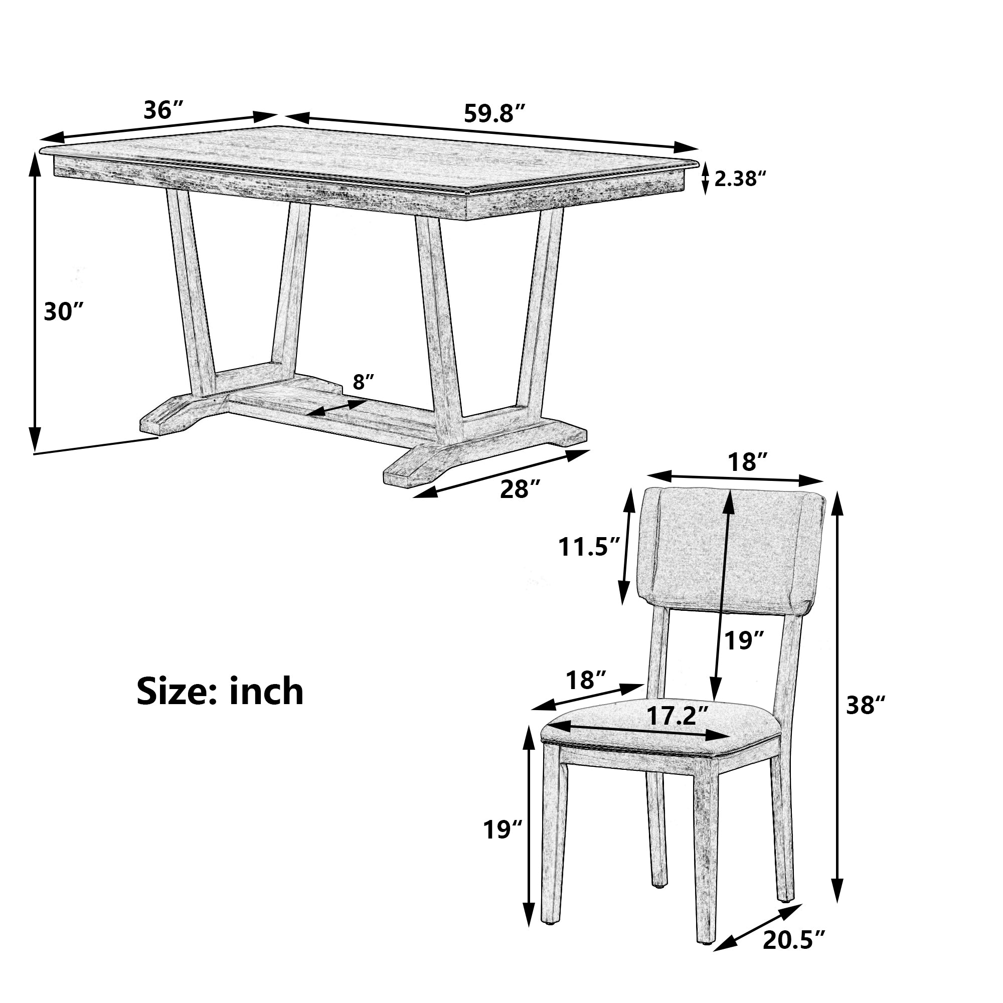 Rustic 5-Piece Dining Set, 59" Table & 4 Chairs