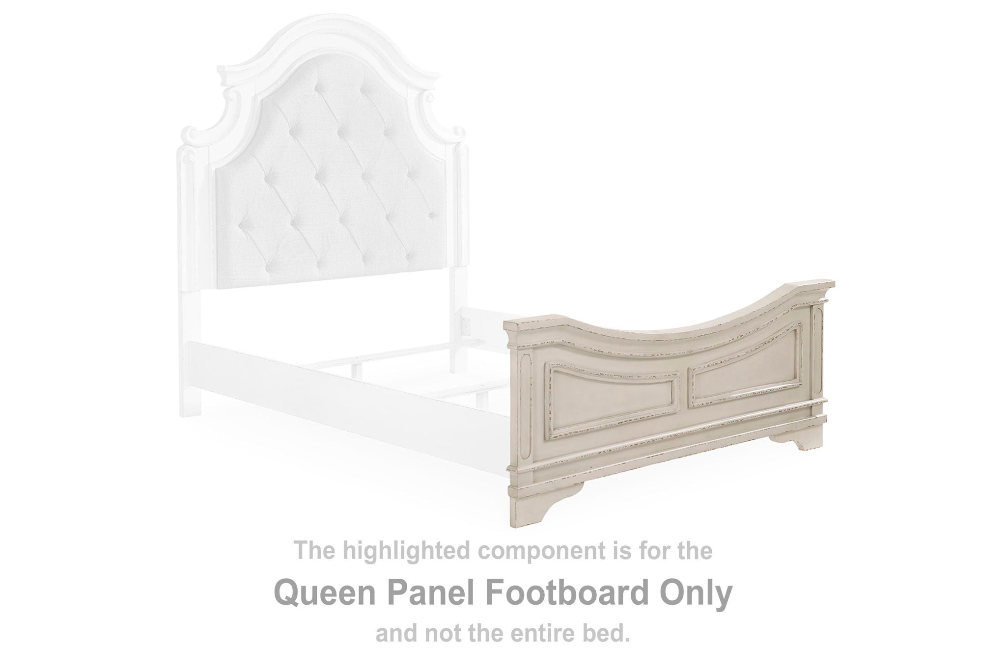 Chipped white queen panel footboard with carved panel and curved top rail