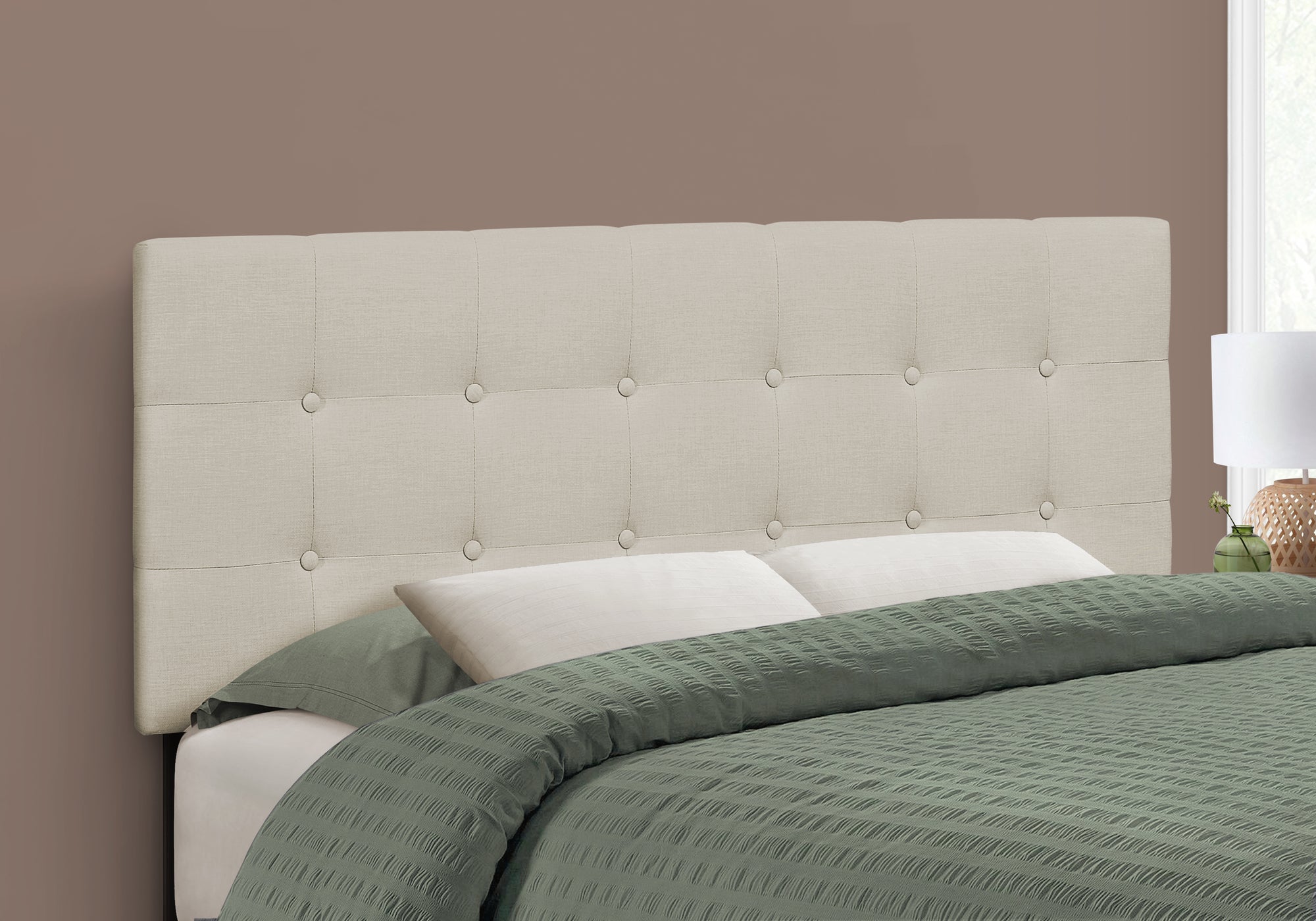 Full Size Upholstered Headboard | Beige Linen Look | Transitional Style