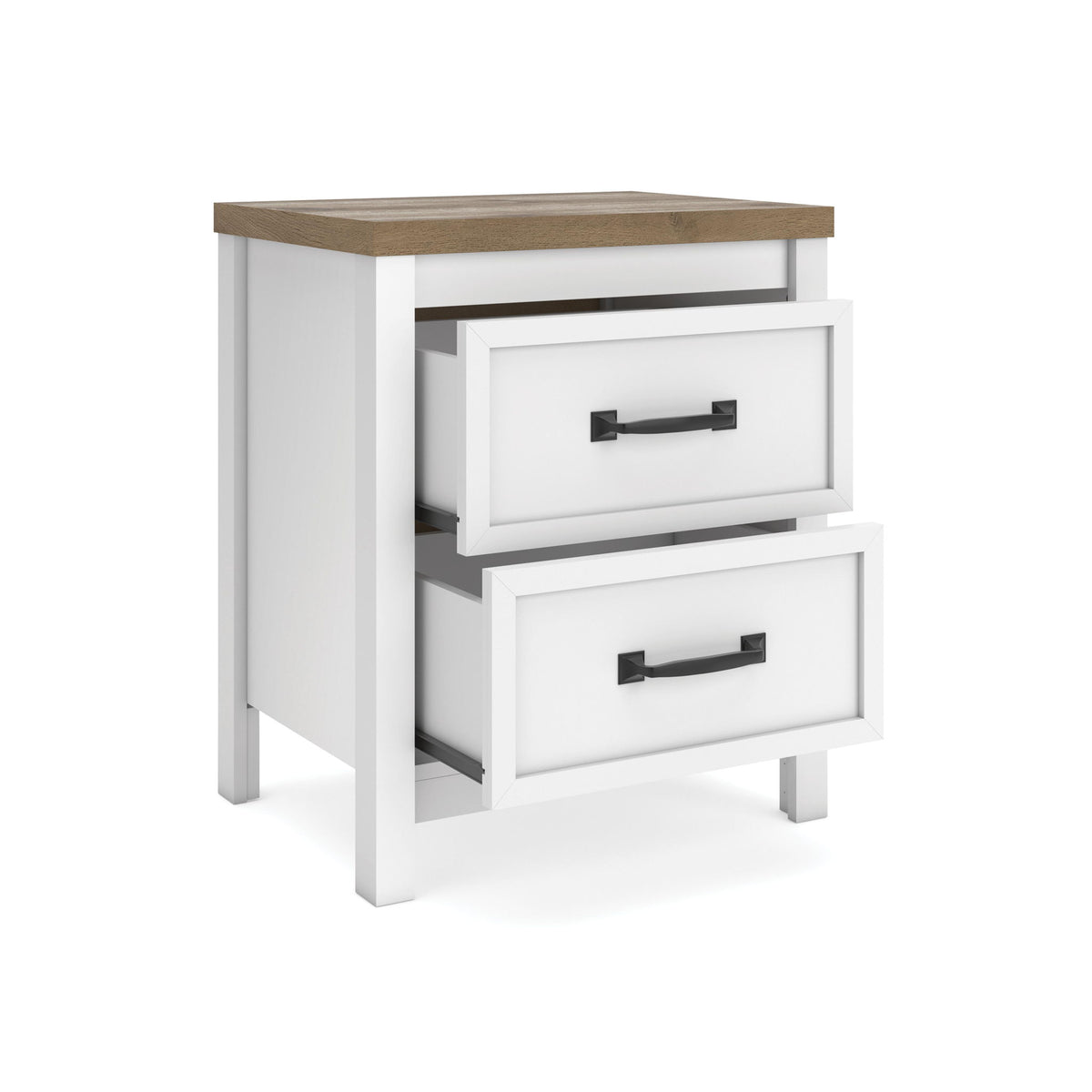 White two-drawer nightstand with brown top, open drawers, and black pulls