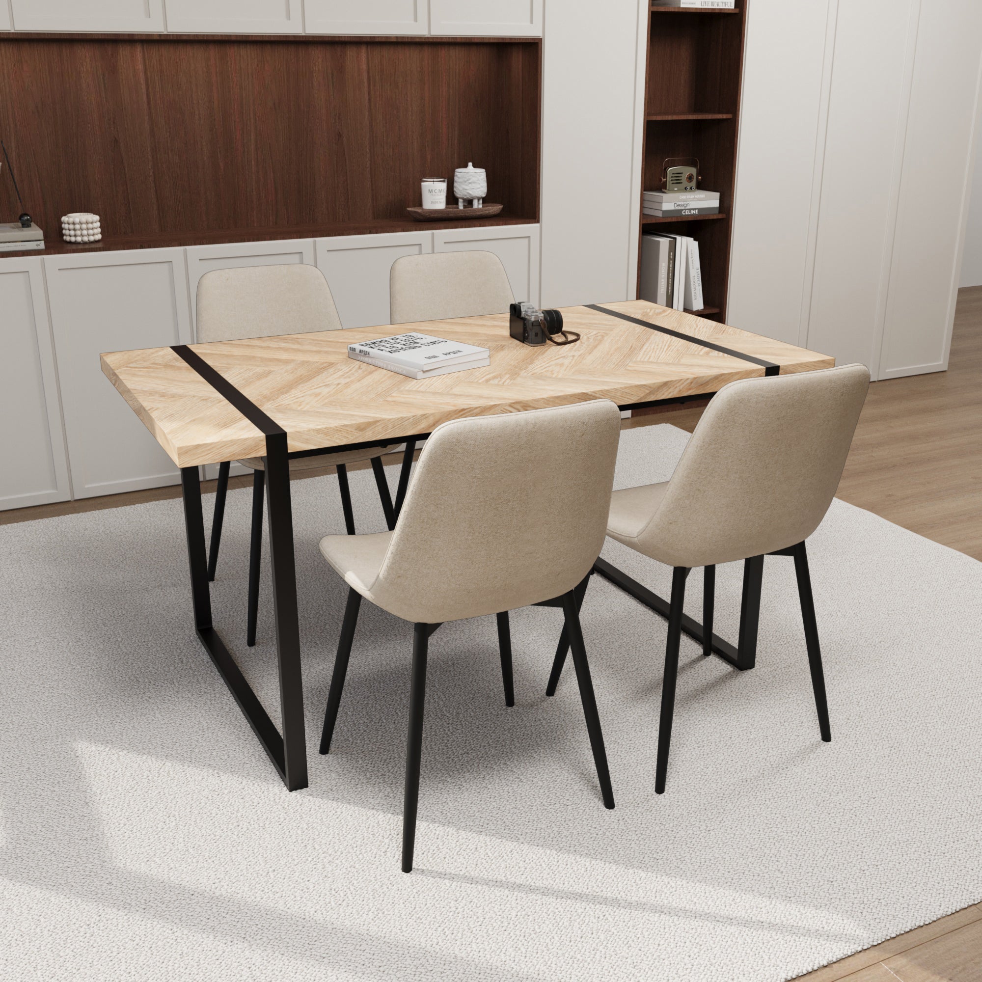 59" Modern Dining Table & 4 Chairs Set - Light Wood