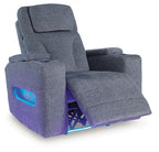 Dark gray fabric power recliner shown reclined, with blue light strip under footrest