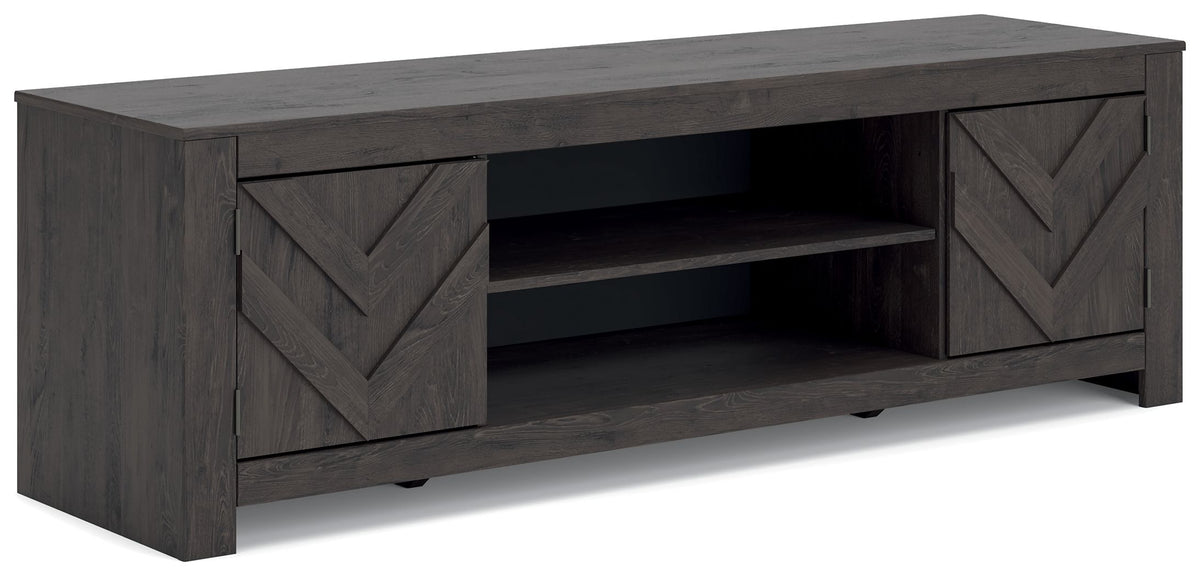 Black TV stand with chevron cabinet doors and open center shelves