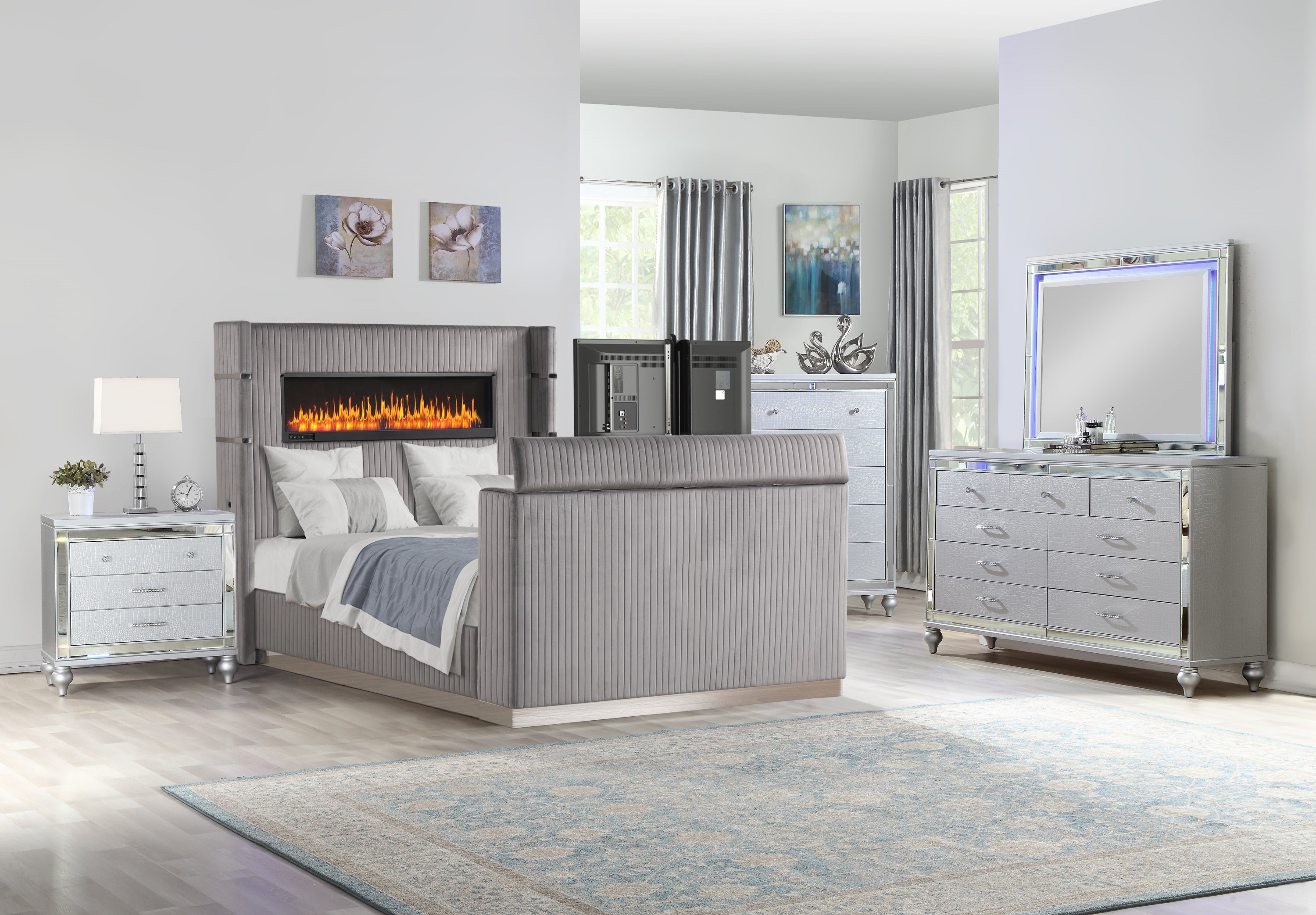 Modern Grey Queen Bedroom Set: Fireplace Headboard, TV Footboard