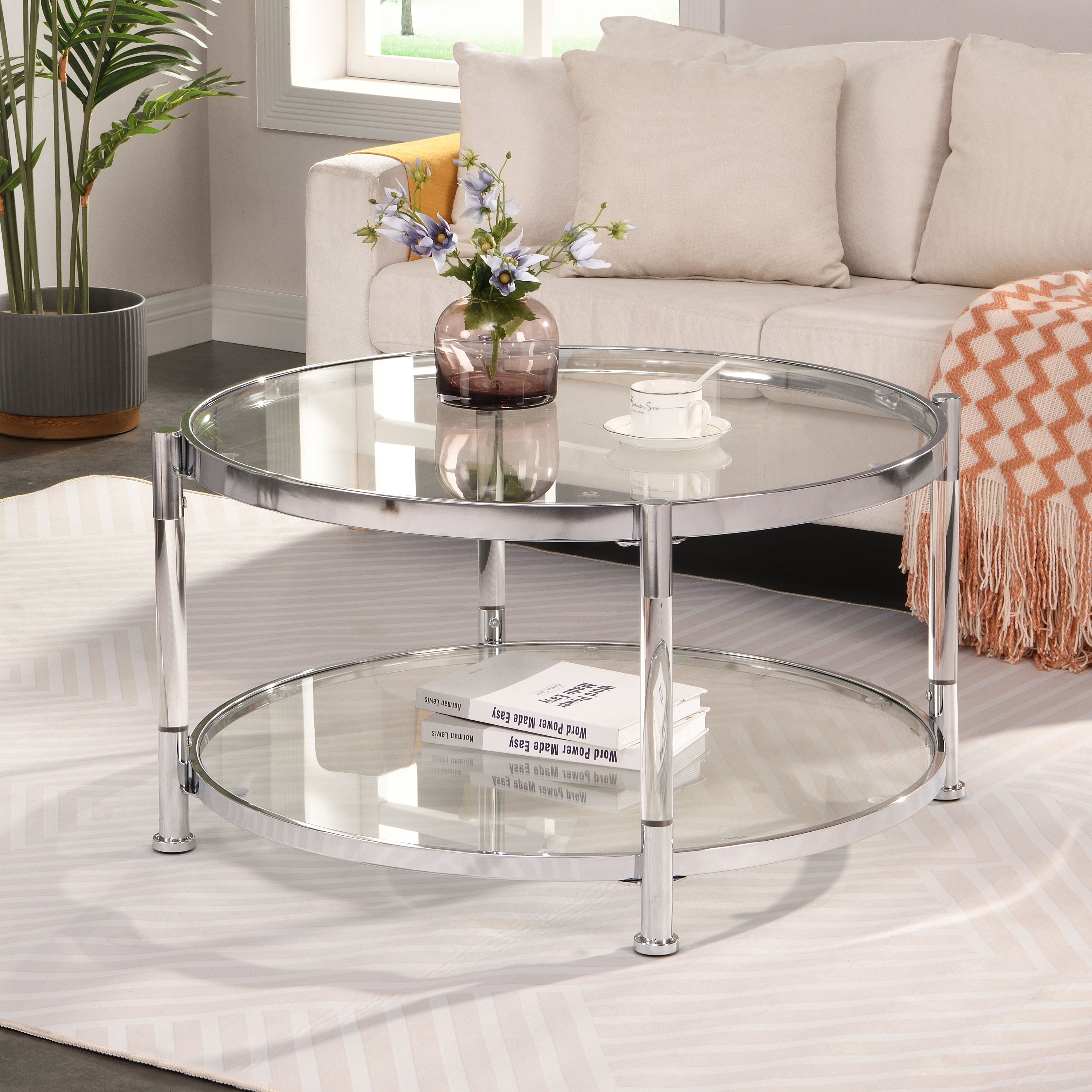 Contemporary Acrylic Coffee Table, 32.3'' Round Tempered Glass Coffee Table, Chrome / Silver Coffee Table For Living Room