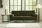 Olive green tufted sofa with rolled arms and two seat cushions.
