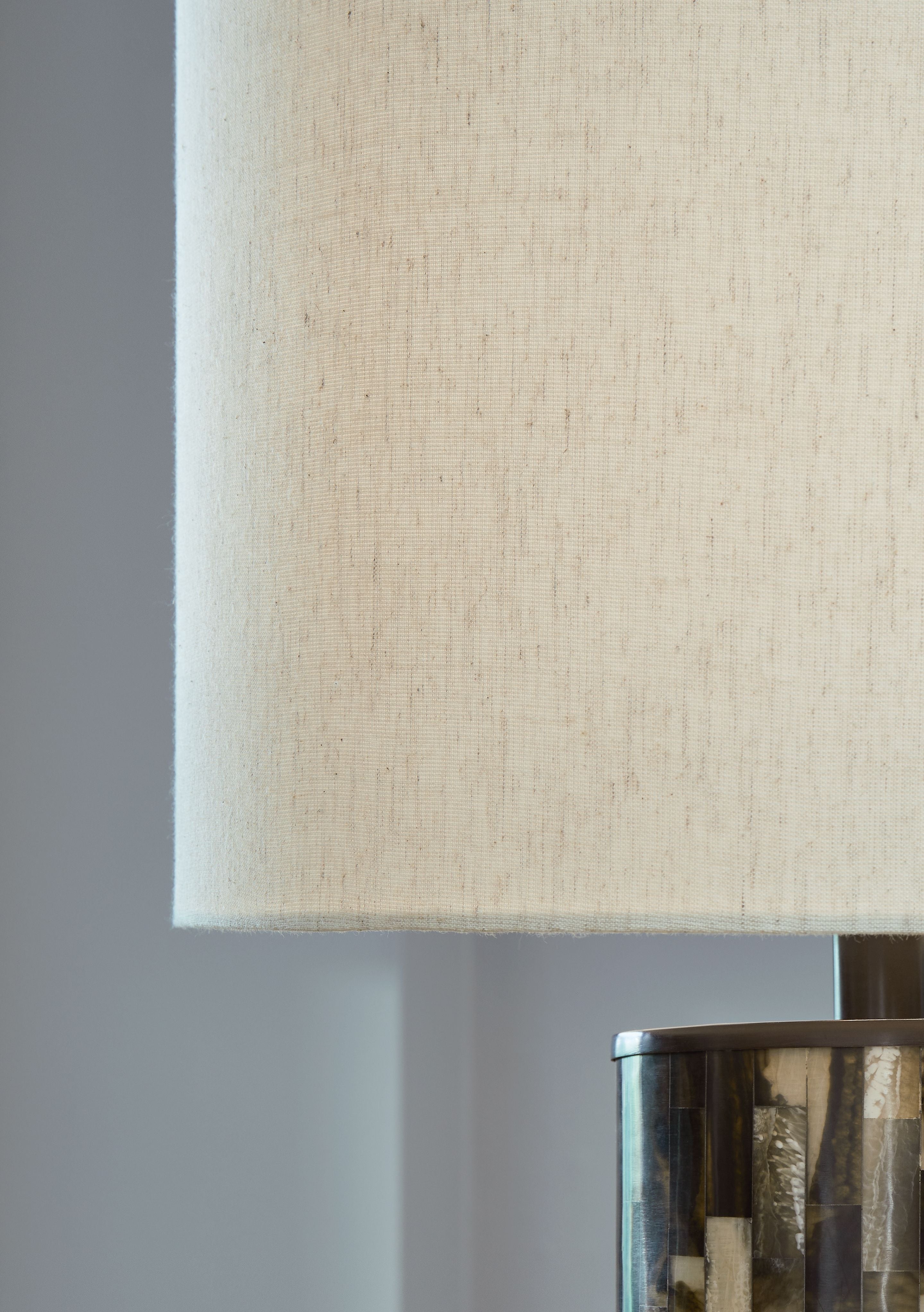 Table lamp fabric shade with metal stem and top of mosaic base