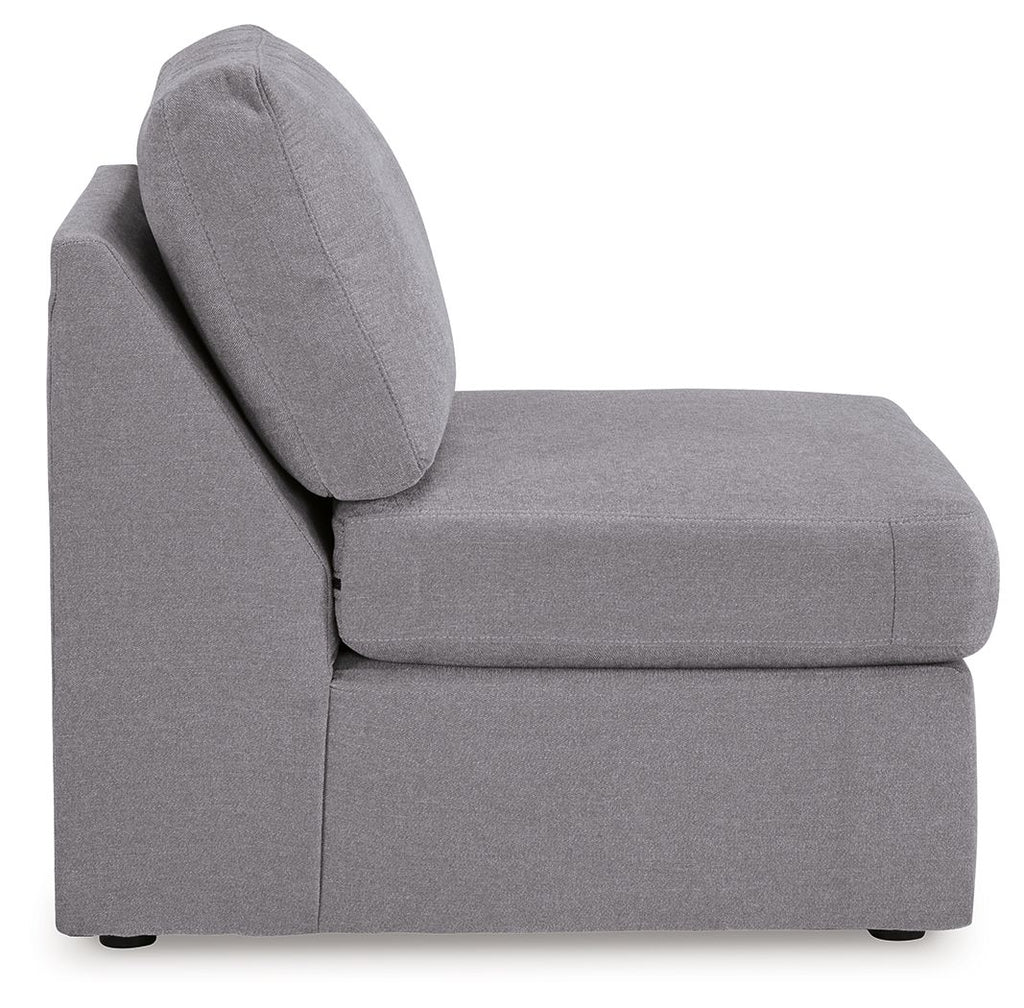 Gray armless chair with angled backrest and padded seat cushion, on short legs