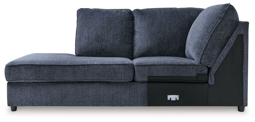 Cobalt blue corner chaise sofa with two back cushions and rolled arm detail