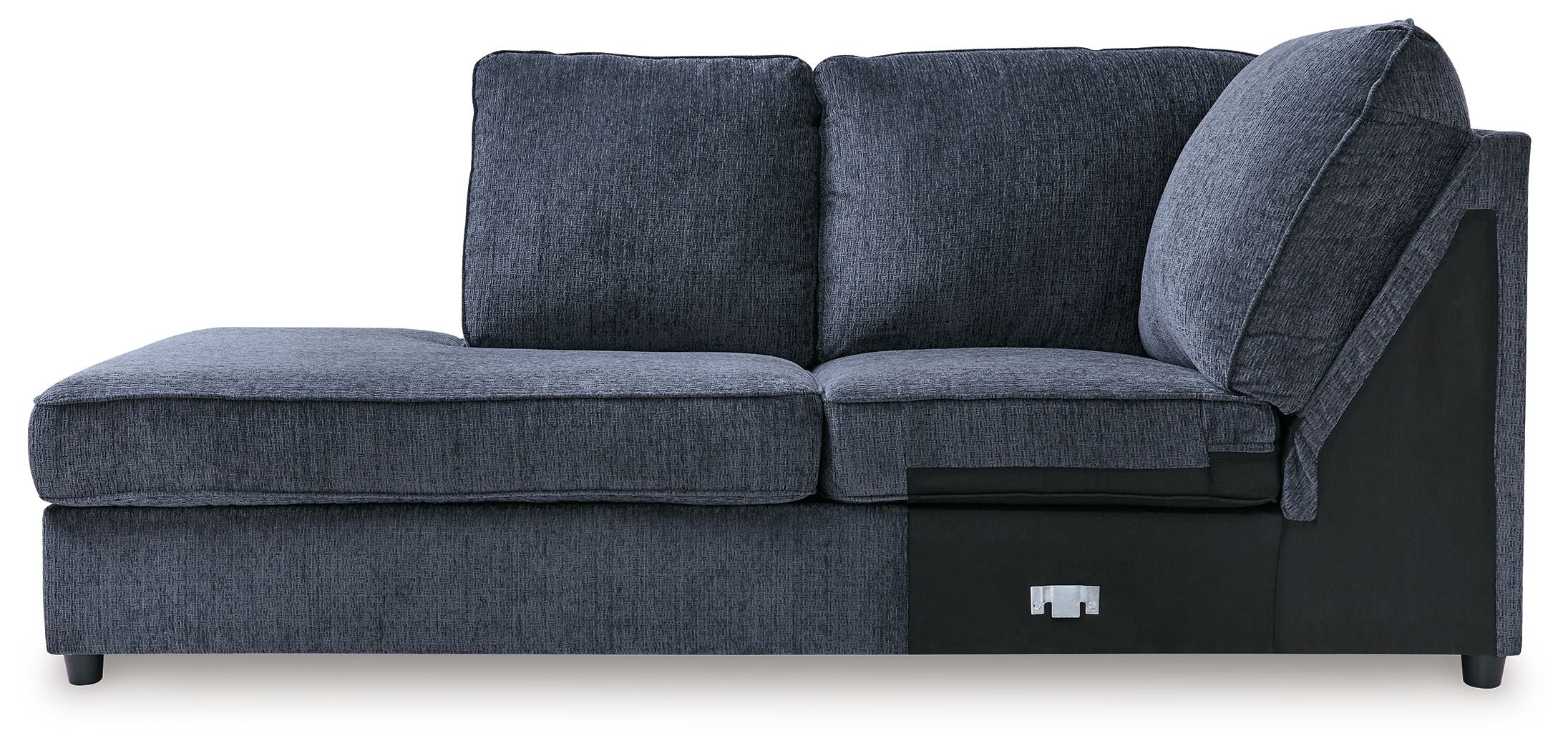 Cobalt blue corner chaise sofa with two back cushions and rolled arm detail