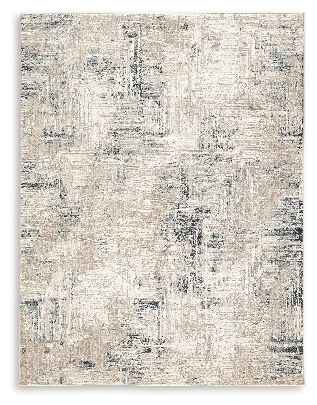 Cream abstract area rug with blue-gray distressed pattern and subtle speckling.