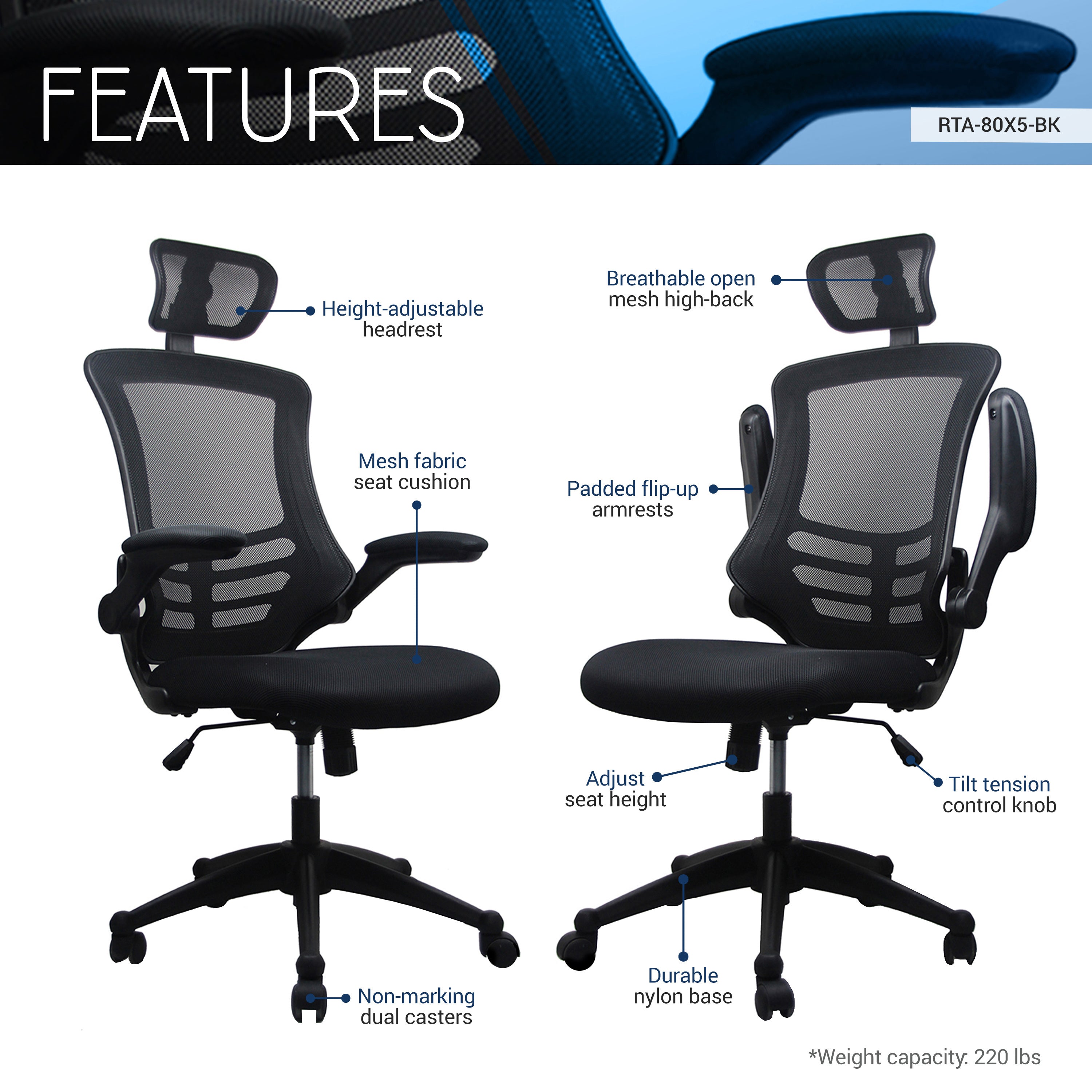 High-Back Mesh Office Chair with Headrest & Flip-Up Arms