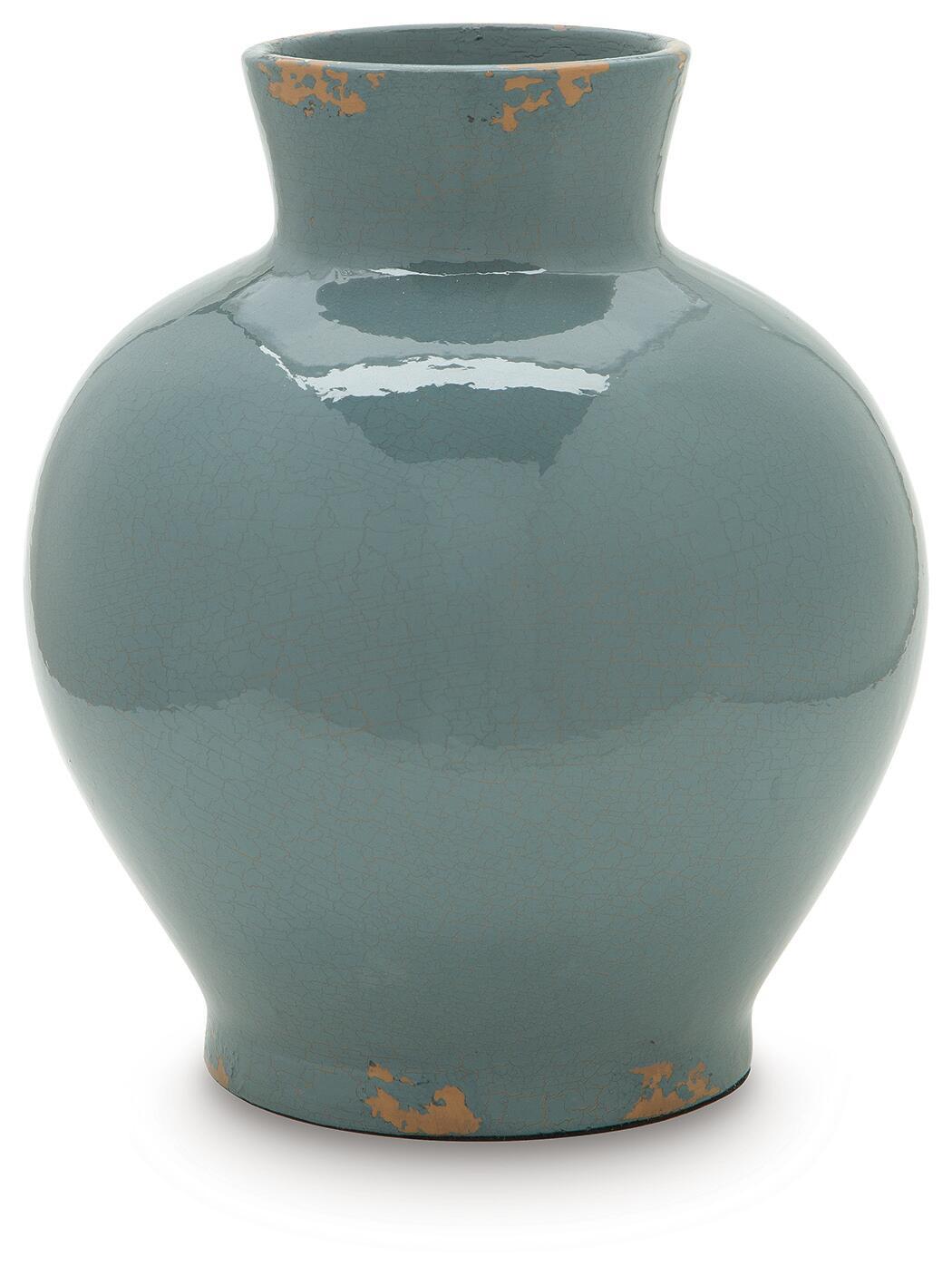Blue ceramic vase with rounded body, short neck, and distressed orange speckle pattern