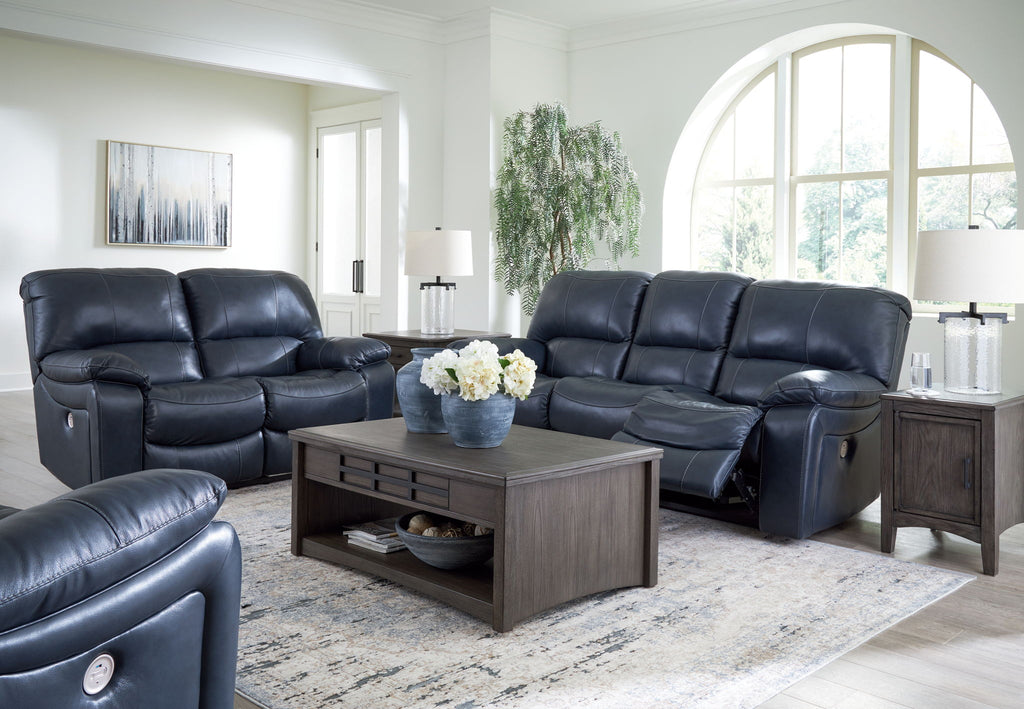 Power reclining loveseat and recliner with dark navy leather-look upholstery